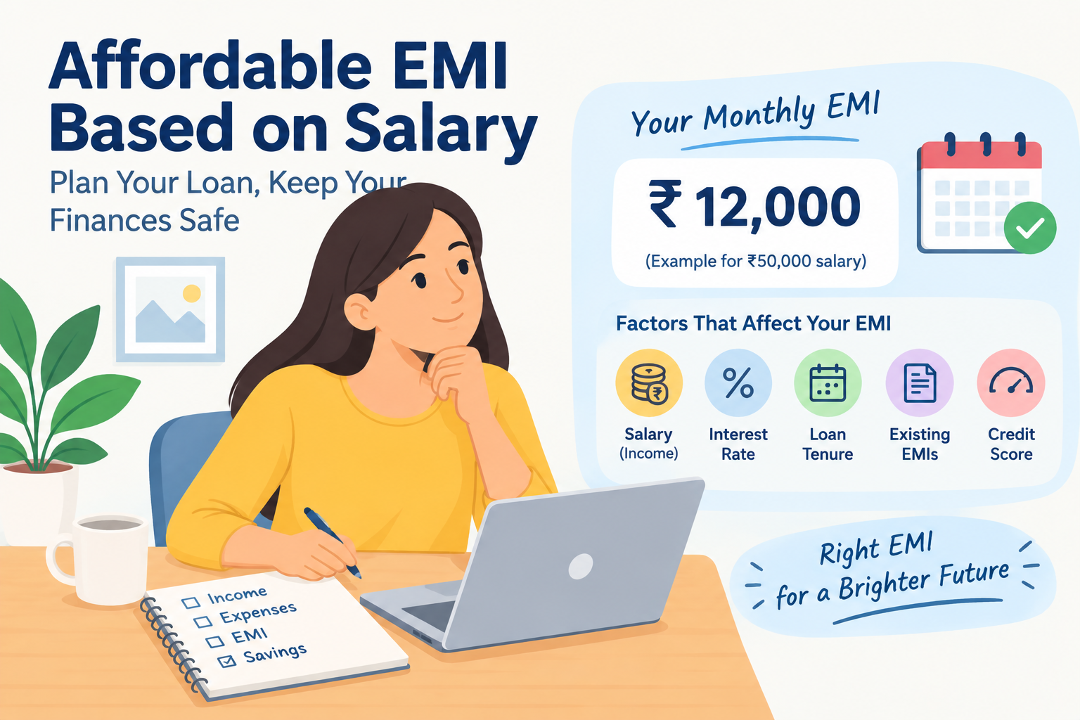 Affordable EMI based on salary infographic showing how monthly income, interest rate, loan tenure, existing EMIs, and credit score affect personal loan repayment planning, with an example of ₹12,000 EMI for a ₹50,000 salary.
